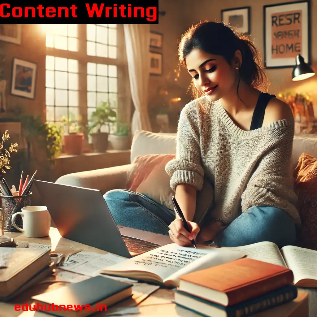 DALL·E 2024 10 09 17.20.38 A woman working on her laptop at home writing content in Hindi surrounded by creative notes books and a coffee cup. She is sitting comfortably on