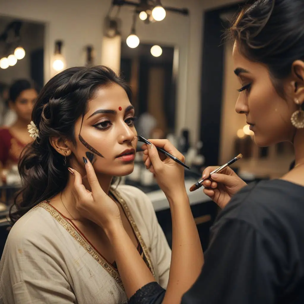 Salon business an Indian woman doing makeup for a woman